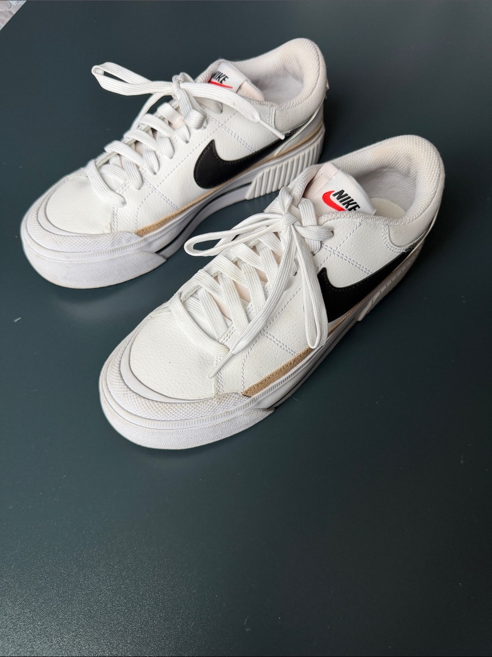 Nike court legacy lift White Sneakers with Black Swoosh and Tan Accents